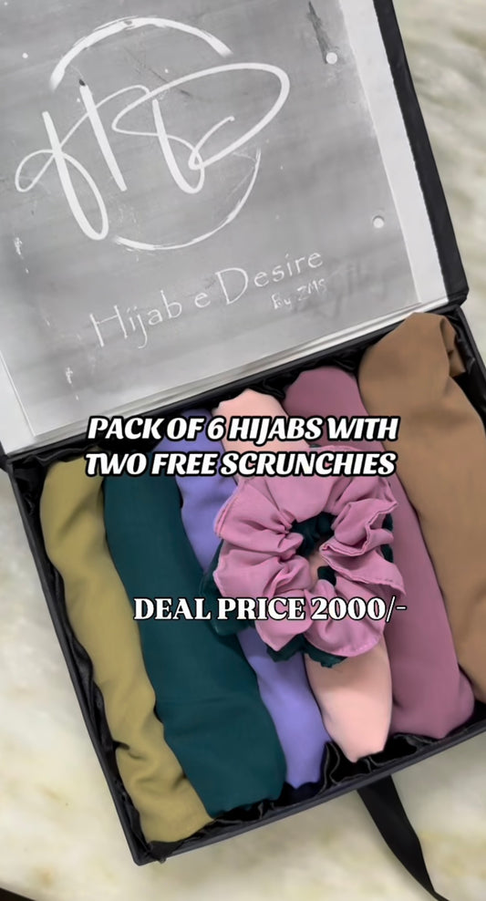 PACK OF 6 HIJABS WITH 2 FREE SCRUNCHIES.