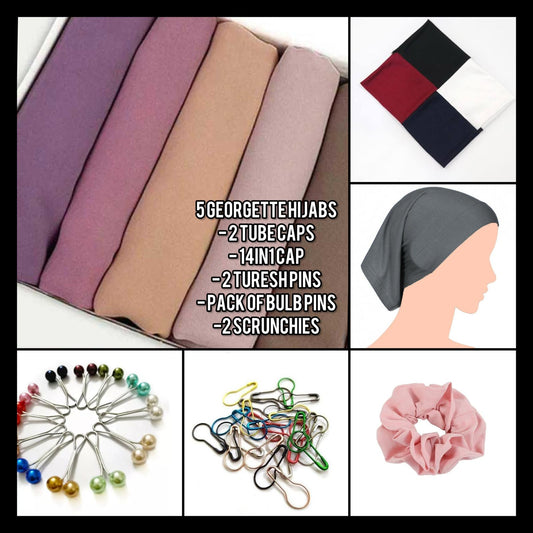 5 HIJAB 2 TUBE CAPS 1 4-1 CAP 2 TURKISH PINS SOME SNAG PINS2 SCRUNCHIES