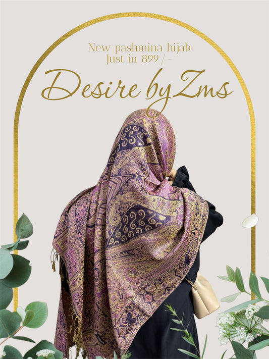 Pashmina hijab with intricate patterns, brand 'Zms' displayed, on a light background with decorative elements.